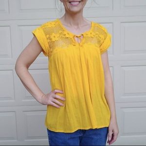 Vintage Yellow Crochet Yoke Short Sleeve Blouse